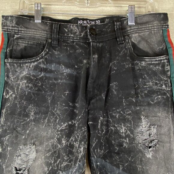 Men’s Size 32x32 Arketype Black Distressed Straight Leg Jeans Green Red Stripe - Picture 3 of 7
